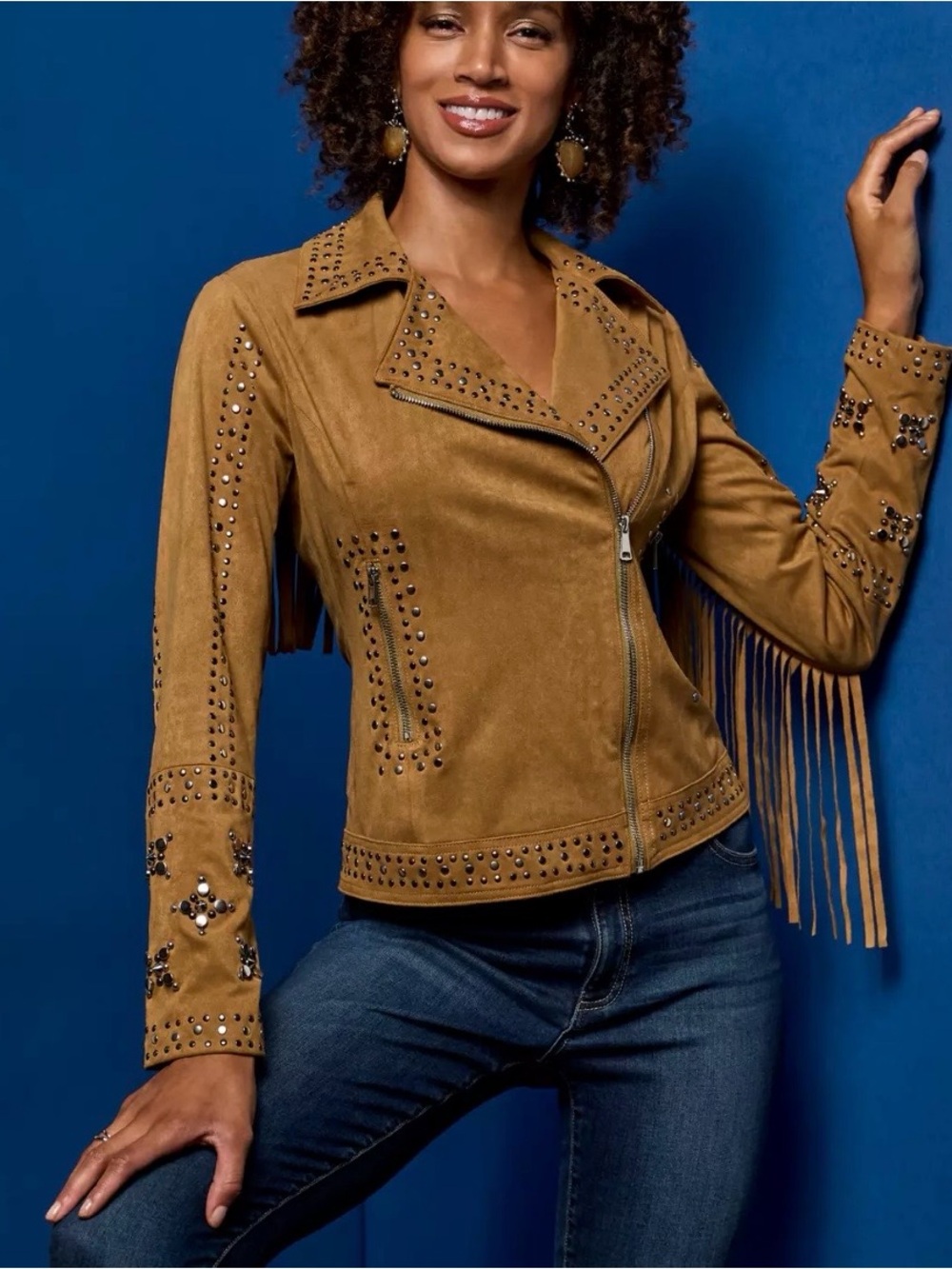 Boston Proper camel suede studded moto jacket